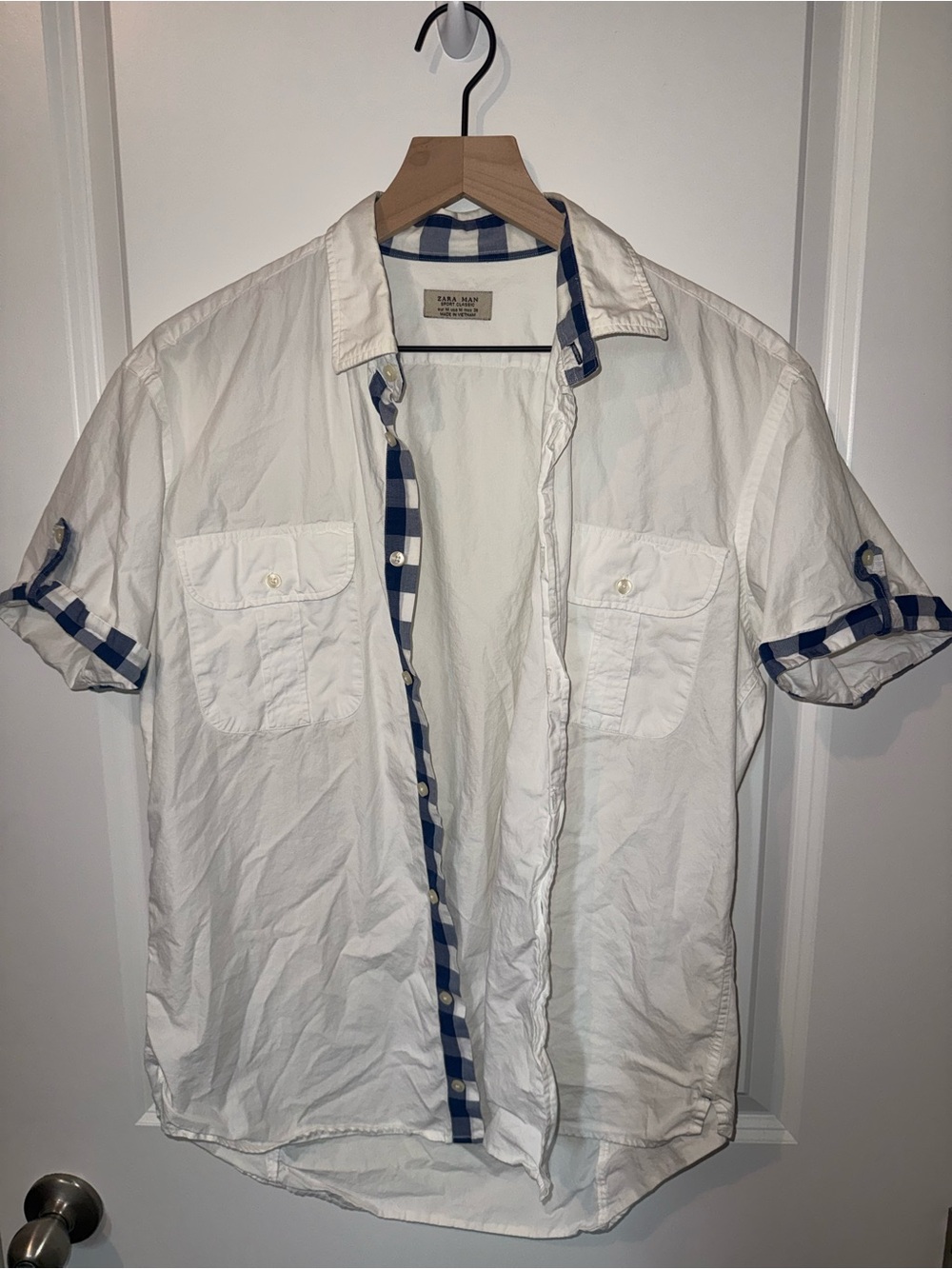 Zara White Short-Sleeve Button-Down Shirt with Blue Check Trim